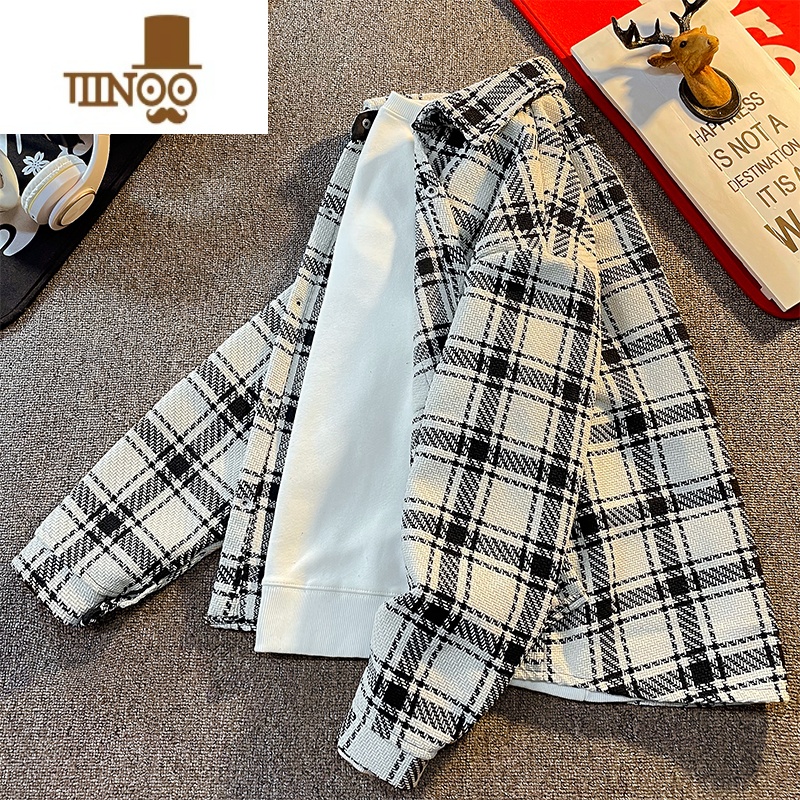 YANXU秋季港风复古格子外套男长袖韩版潮流宽松休闲百搭青少年衬衣外穿高清大图
