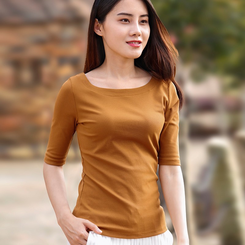 白色一字领五分中袖t恤紧身显瘦净面女式时尚打底衫 2019新款搭配阔腿