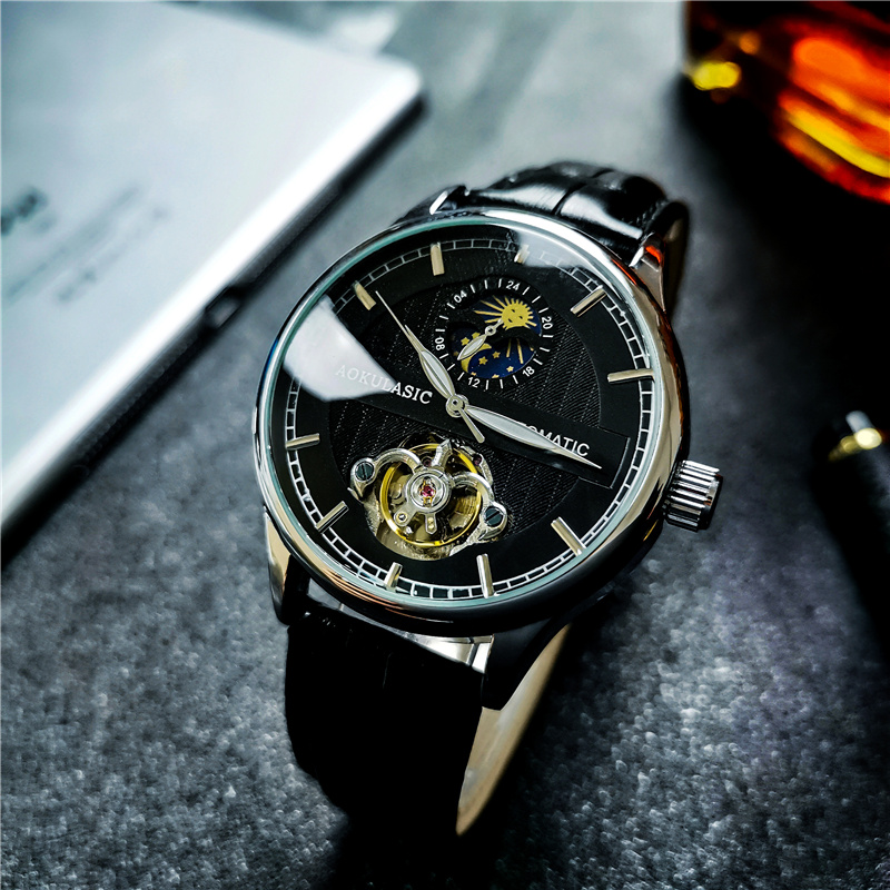 奥古拉斯全自动机械表双面镂空手表男士陀飞轮月相防水精钢蝴蝶扣潮流腕表高清大图