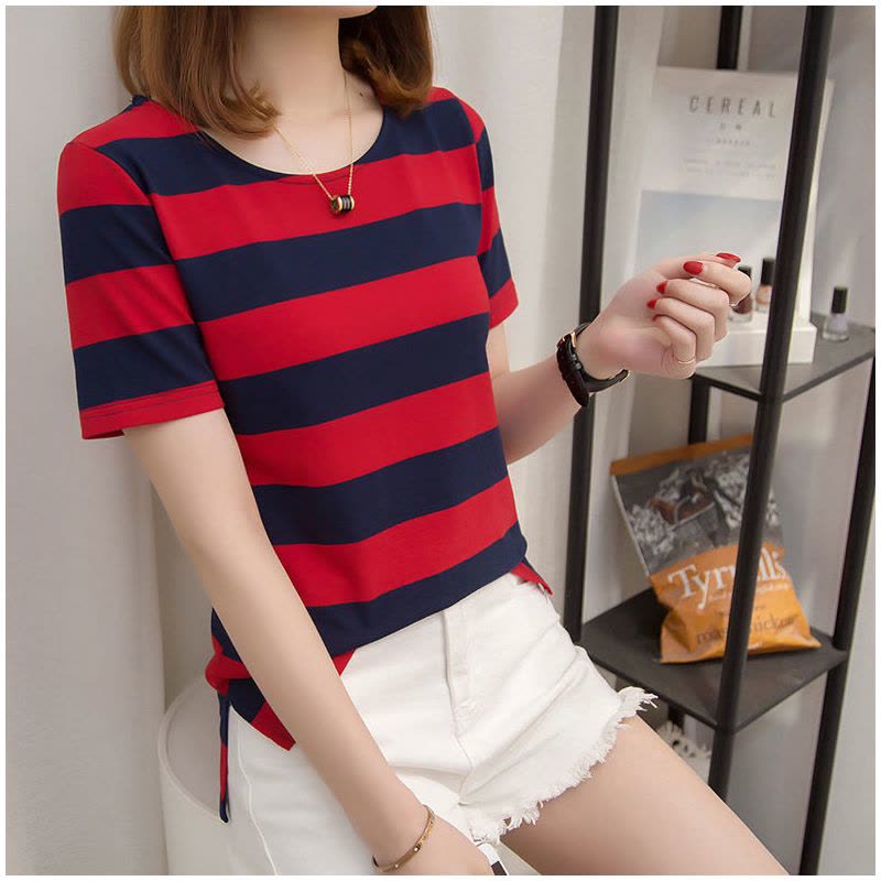 仅亏一天明天恢复39]大码女装2019春季长袖条纹t恤女宽松打底衫图片