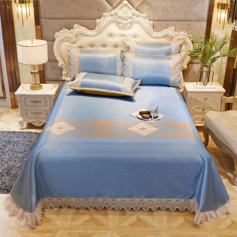 家柏饰(CORATED)冰丝凉席床1.5米床夏季席子三件套1.8米可水洗折叠空调软席 冰藤提花床单款凉席-菱形蓝 2.0m（6.6英尺）床