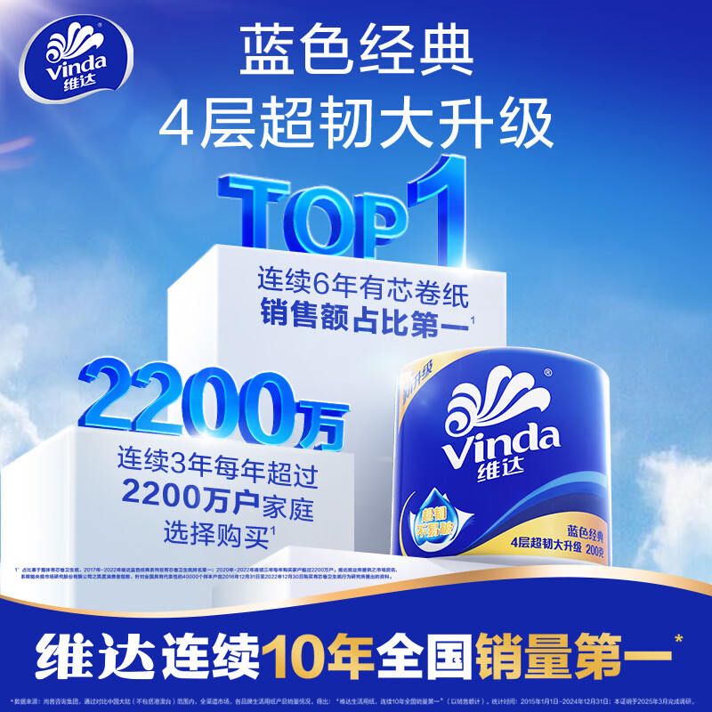 维达(Vinda) 维达(Vinda)有芯卷纸 蓝色经典4层200克*10卷 厚韧卫生纸 卷筒纸 厚韧大分量 卫生纸高清大图