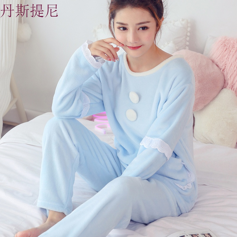 睡衣女甜美可爱大码珊瑚绒加绒加厚长袖法兰绒家居服秋冬季套装暖