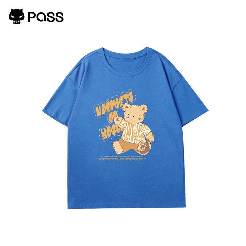pass卡通潮牌小熊纯棉半袖t恤女夏天宽松oversize慵懒风大码上衣