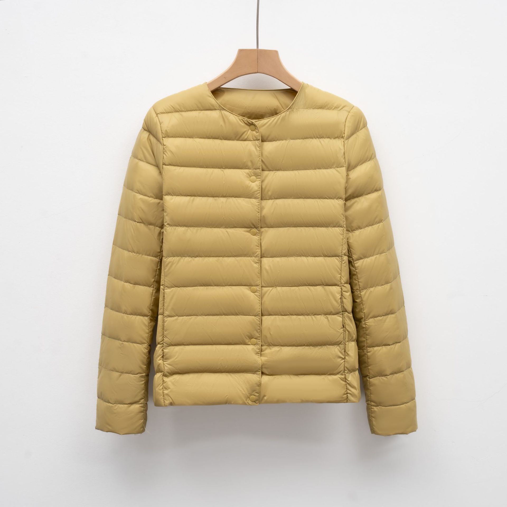 轻薄女短款圆领秋冬新款简约圆领保暖外套纯色长袖羽绒服内胆 黄色 XXXL