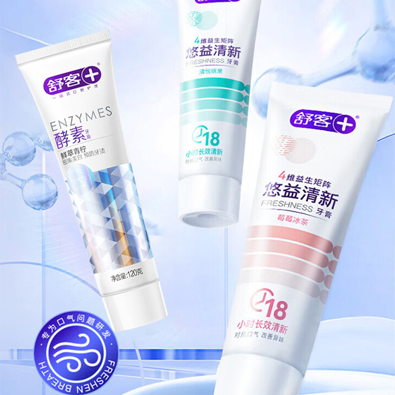舒客牙膏悠净清新+莓莓冰茶+鲜萃青柠120g*3支(颜色随机)高清大图