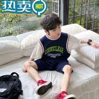 绿彩虹光男童运动套装夏季2023新款宝宝薄款上衣短袖儿童篮球服潮