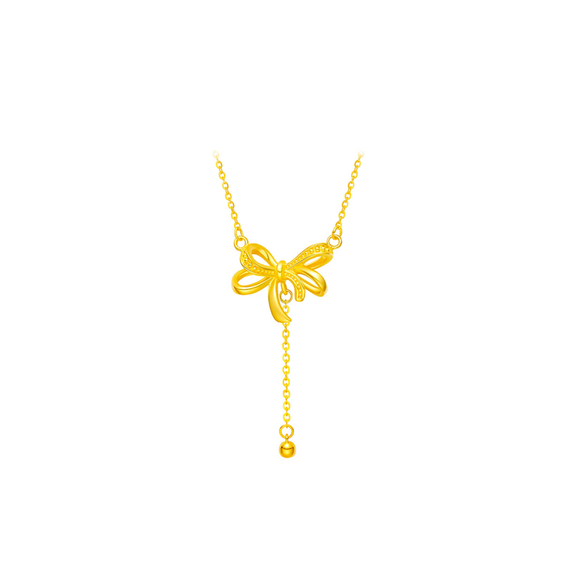 周大福蝴蝶结丝带足金黄金吊坠项链套链工费460计价f231289520礼物