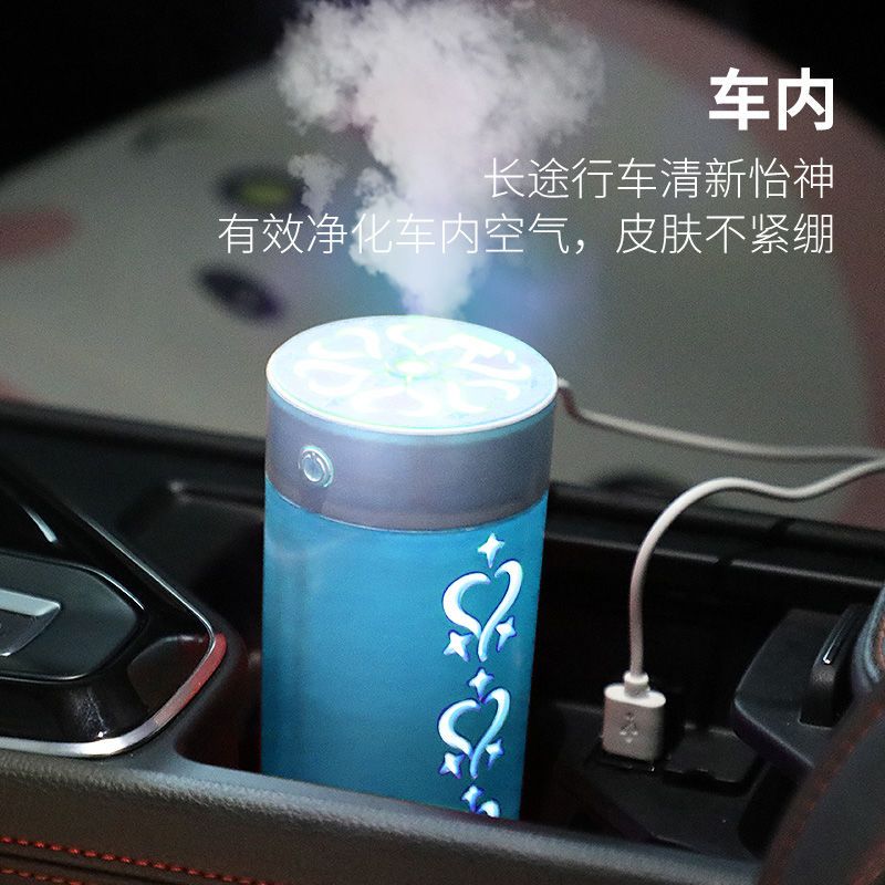 加湿器迷你学生香薰机汽车载空气加湿器家用卧室静音大雾量补水仪|粉色(单机充电USB夜灯款送精油)