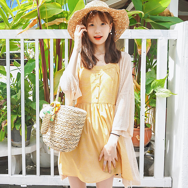 2018夏季裙子女复古无袖小清新黄色带连衣裙黄色