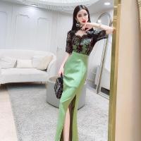 名媛气质蕾丝拼接连衣裙收腰显瘦女夏2021新款chic开叉包臀裙韩版