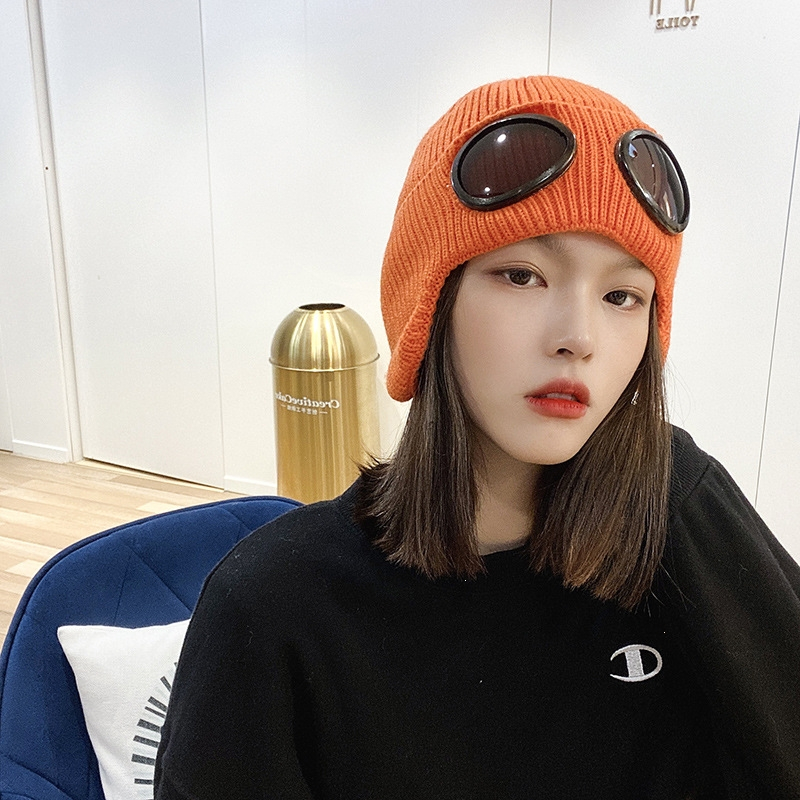 户外飞行员眼镜针织帽冬季带墨镜的帽子护目镜冷帽护耳保暖毛线帽