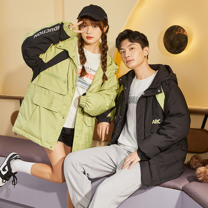 [2.5折价382元]唐狮冬季新款情侣羽绒服工装连帽撞色拼接外套男女加绒保暖潮