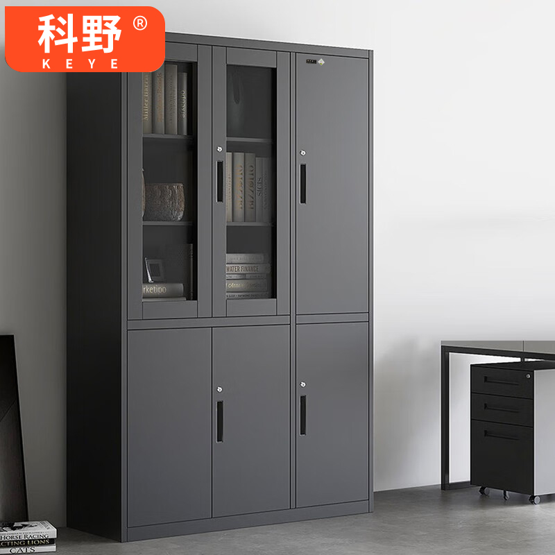 科野 文件柜铁皮柜办公柜黑色档案柜钢制柜书籍资料文档柜玻璃门柜子带锁矮柜 六门书柜(右)高清大图