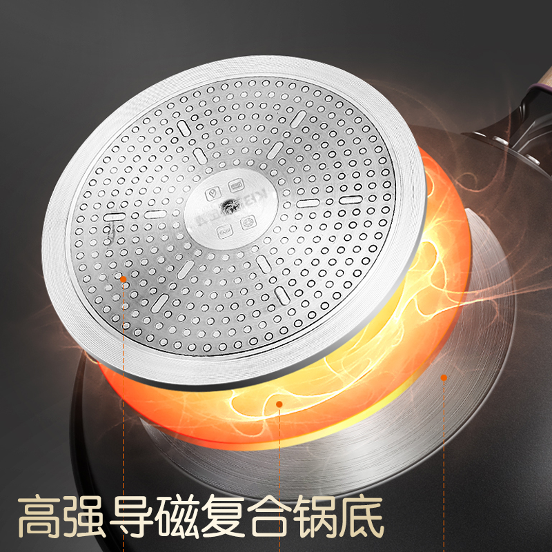 康巴赫麦饭石防溢节能炒锅32cm健康不粘锅变色温控圈煤气灶电磁炉通用炒菜锅