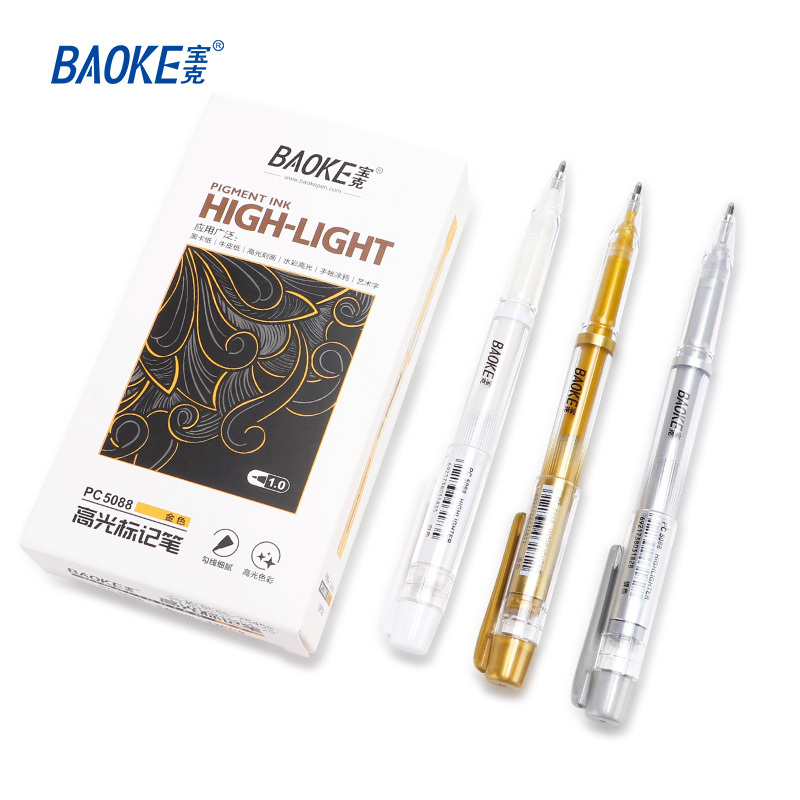 宝克(BAOKE)PC5088 高光标记笔 1.0mm 白/银/金三色 高光刻画 手账涂鸦专用笔 12支/盒 1盒