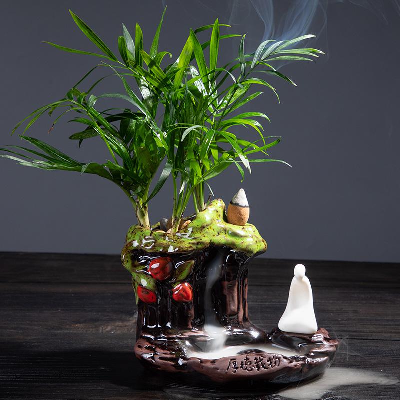 新中式禅意家居绿植装饰品客厅玄关办公室摆件陶瓷倒流香盆栽摆设 三维工匠 厚德载物-界(送绿植+倒流香)高清大图