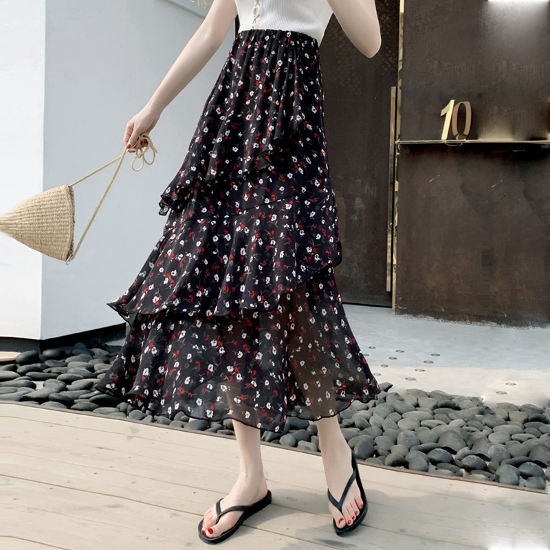 暖青汇春夏季碎花蛋糕裙不规则韩版chic高腰显瘦中长款半身裙气质仙女