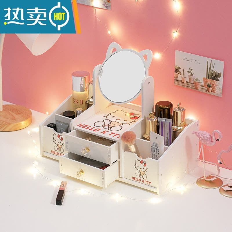 敬平镜子学生少女化妆镜台式桌面可爱家用宿舍便携梳妆镜化妆品收纳盒 猫耳朵化妆盒28cm便携式用镜图片