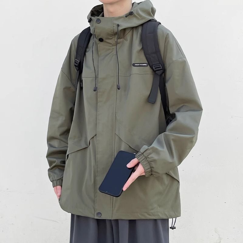 工装冲锋衣外套男秋冬季大码宽松潮牌连帽棉衣服痞帅 军绿色 L