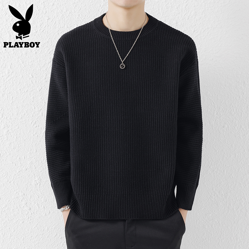 花花公子圆领毛衣男士针织衫潮流绿色内搭上衣秋冬季宽松打底线衣 Y3518黑色 2XL推荐156-170斤
