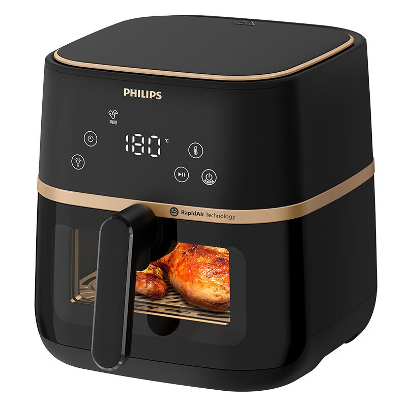飞利浦(PHILIPS)空气炸锅家用5L大容量 可视 不用翻面 智能液晶触控 宽温域多功能电炸锅HD9455