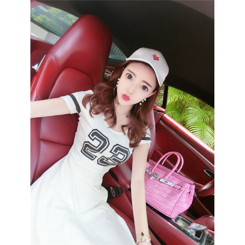 连衣裙女夏韩版新款时尚百搭圆领短袖纯色印花修身显瘦大摆短裙潮白色均码