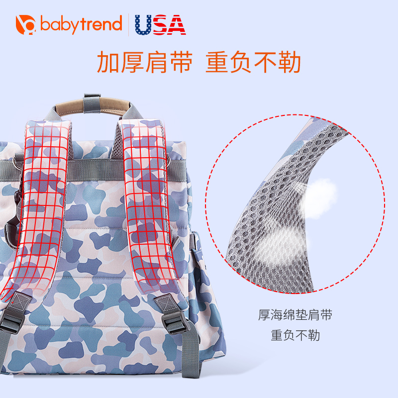 美国BABY TREND妈咪包2019年新款多功能大容量双肩包迷彩色轻便织布材质背包 可用婴儿推车母女包 重1KG
