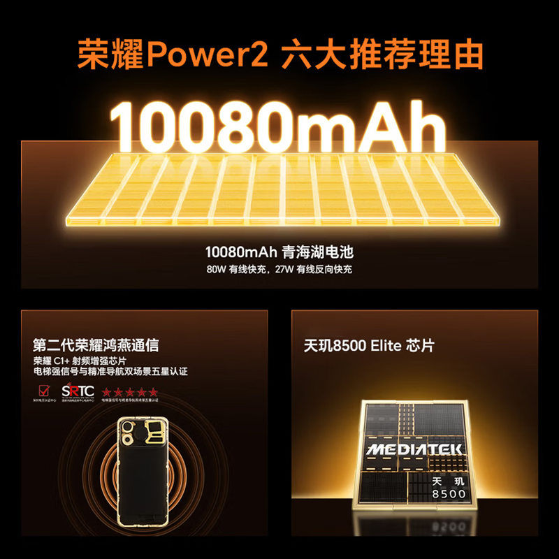 荣耀Power2 12+256GB 雪原白 10080mAh大电池 天玑8500 Elite芯 80W NFC 红外遥控 120Hz刷新率 AI 游戏智能手机高清大图
