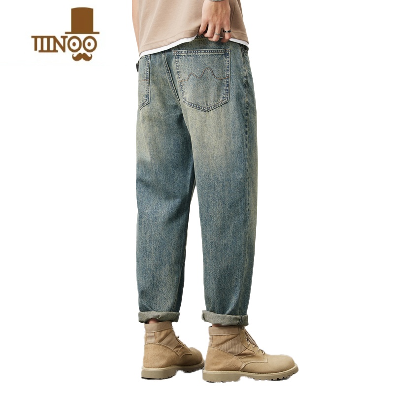 YANXU美式复古牛仔裤男士夏季薄款宽松直筒哈伦九分裤潮牌痞帅气长裤子高清大图