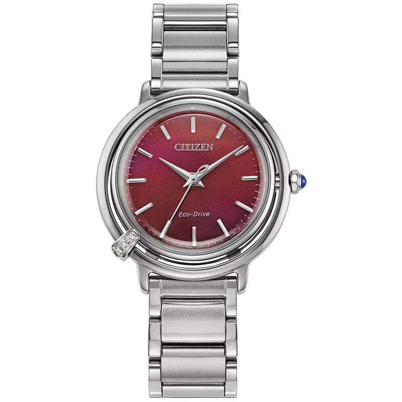 Citizen西铁城女式红色三针石英腕表镶钻不锈钢表带环保光动能设计高清大图