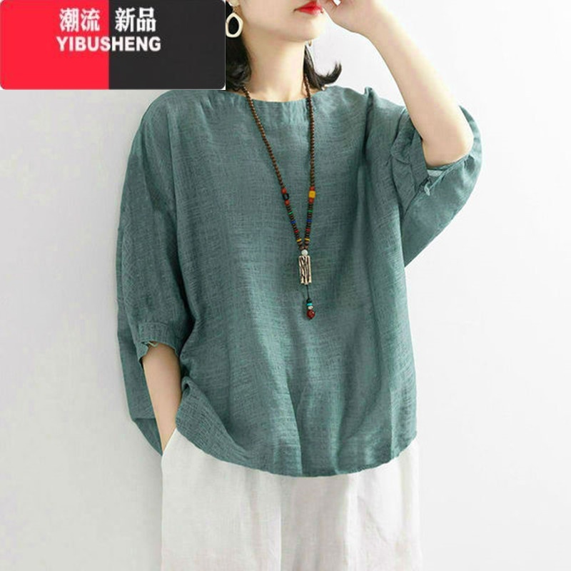 YIBUSHENG仿棉麻春季薄款中袖t恤女大码女装休闲打底衫上衣新款高清大图
