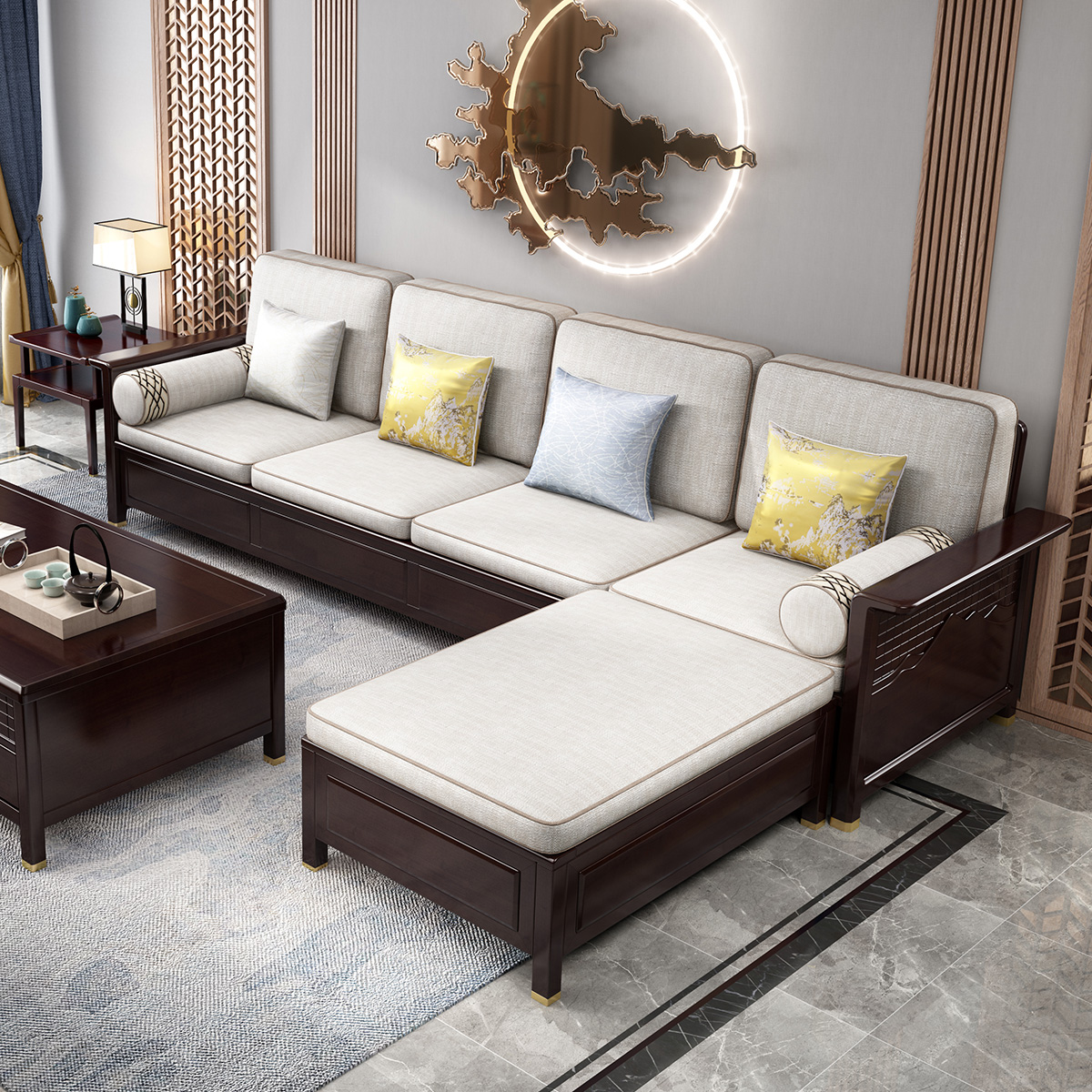 月影梳桐新中式实木沙发组合带转角贵妃高箱大储物软靠座包客厅布艺