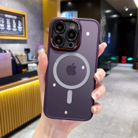 安美宝 苹果15手机壳新款磁吸iPhone14pro全包防摔15promax透明14pm/13男plus简约max硅胶壳 磁吸【暗紫色】透明磨砂★金属相机镜框 iPhone14