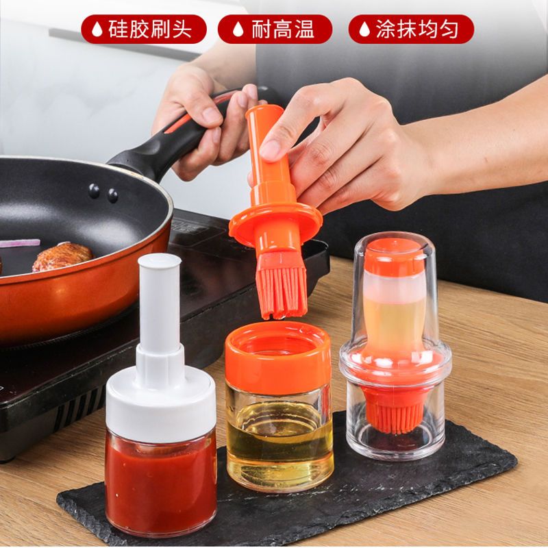 油刷瓶厨房按压式油刷烘焙耐烘焙精灵高温硅胶烧烤刷带盛油瓶 高级款蘸取式[带盖]白色