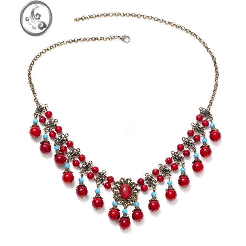 JiMi古风额饰异域风情头饰眉心坠民族风项链红色新娘发饰两用旅游拍照