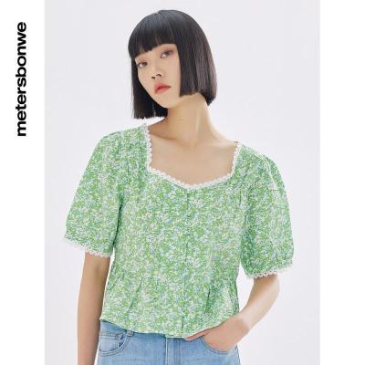 [2件2折价:49]美特斯邦威时尚复古大翻领收腰短衬衫夏季新款休闲舒适上衣