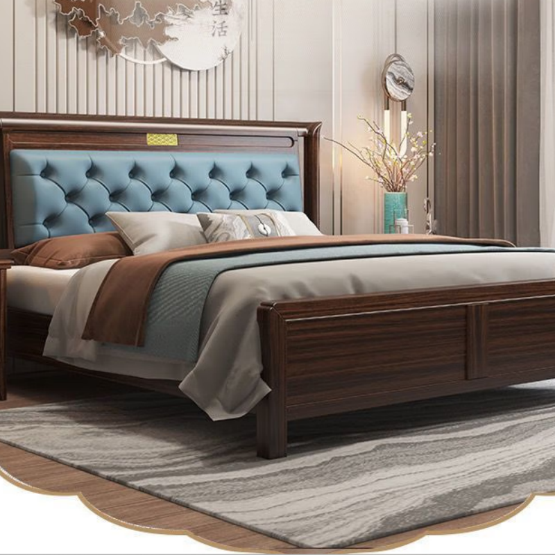 田园驿站新中式乌金木科技皮实木床双人床 加厚床+乳胶床垫+配套床头柜*1【1800mm*2000mm框架结构