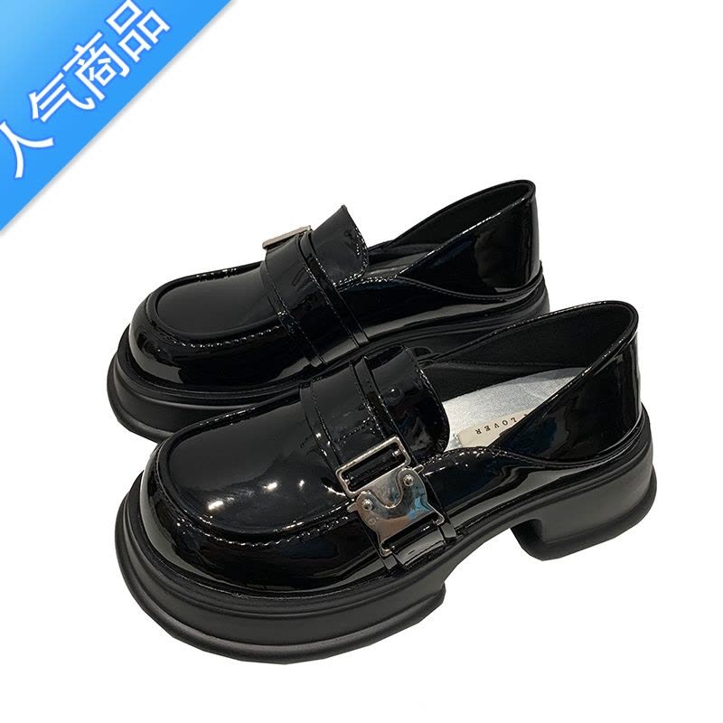 SUNTEK[moca茉卡]厚底乐福鞋女复古圆头增高小皮鞋金属扣英伦风单鞋图片