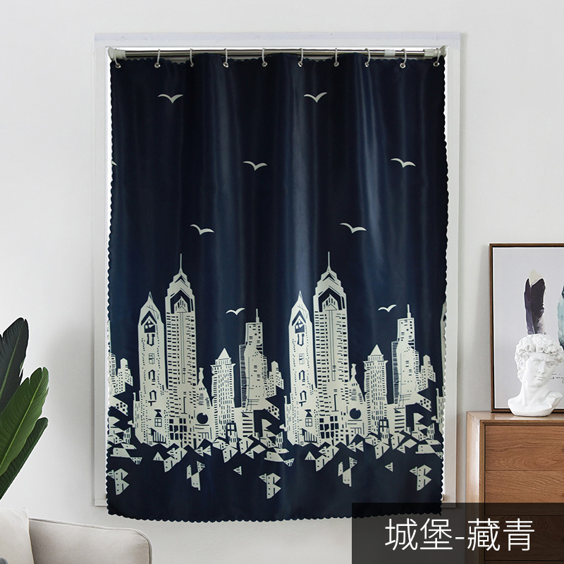 家柏饰(CORATED)简易窗帘遮光卧室免打孔安装窗帘出租屋宿舍飘窗小窗短帘遮光布贴 短款城堡-藏青色-送杆 帘1.2x2米高（单开款）