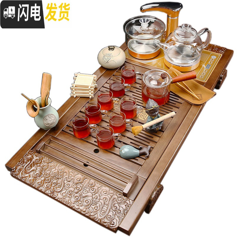 三维工匠全自动家用简约功夫茶具套装四合一体上水电磁炉实木茶盘茶海茶台 23芭花元宝佛唐诗双玻璃