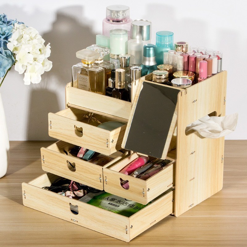 化妆品收纳盒带卧室多层镜子梳妆台木制置物架家用护肤品简约