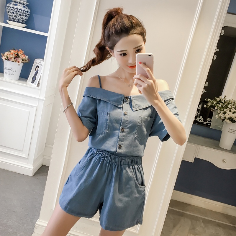 连体衣服女夏季新款牛仔连体裤一字领带连体短裤显瘦阔腿裤子潮