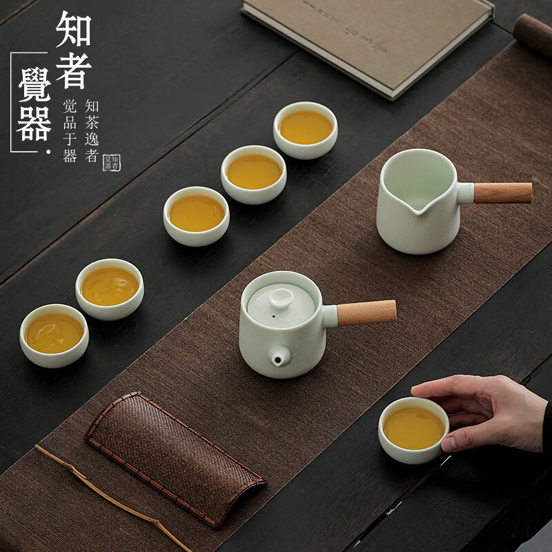 知者覚器 哥窑双侧把茶具套装 茶水分离茶壶公道8件套茶具 多个滤孔 均匀分茶高清大图