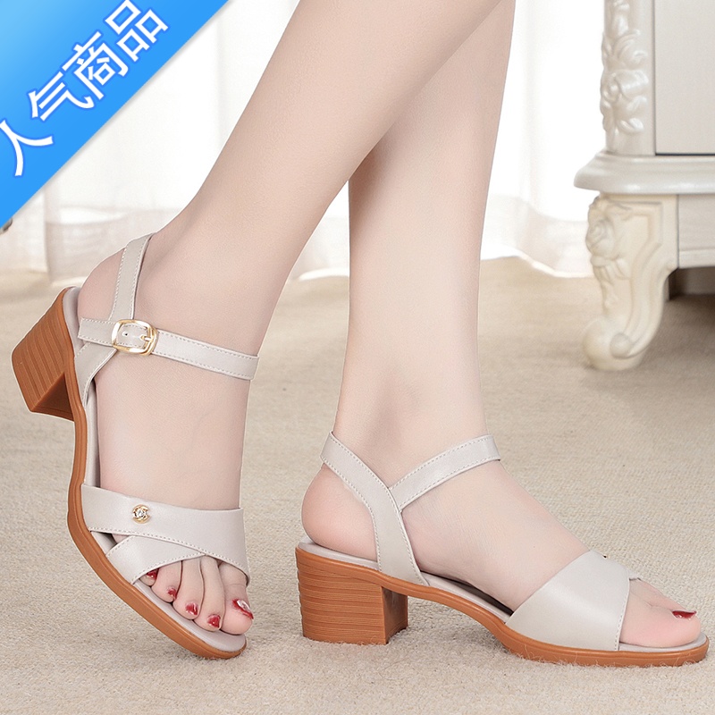 SUNTEK全粗跟凉鞋女夏天牛筋底百搭中年防滑软底大码妈妈鞋鞋子高清大图