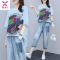 单/套装 2021新款韩版宽松大码拼贴刺绣休闲时尚套装女夏装两件套 5005Y#白T [单上衣] L [建议100斤以下