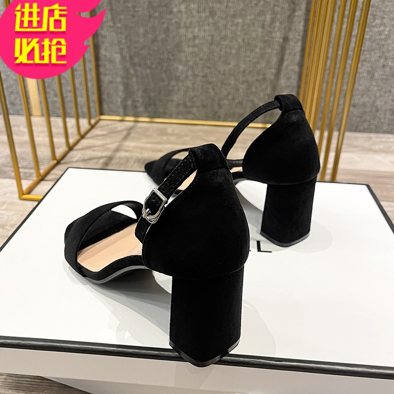金三志凉鞋2021年新款女粗跟仙女风一字带中跟时尚百搭配裙子夏季高跟鞋凉鞋