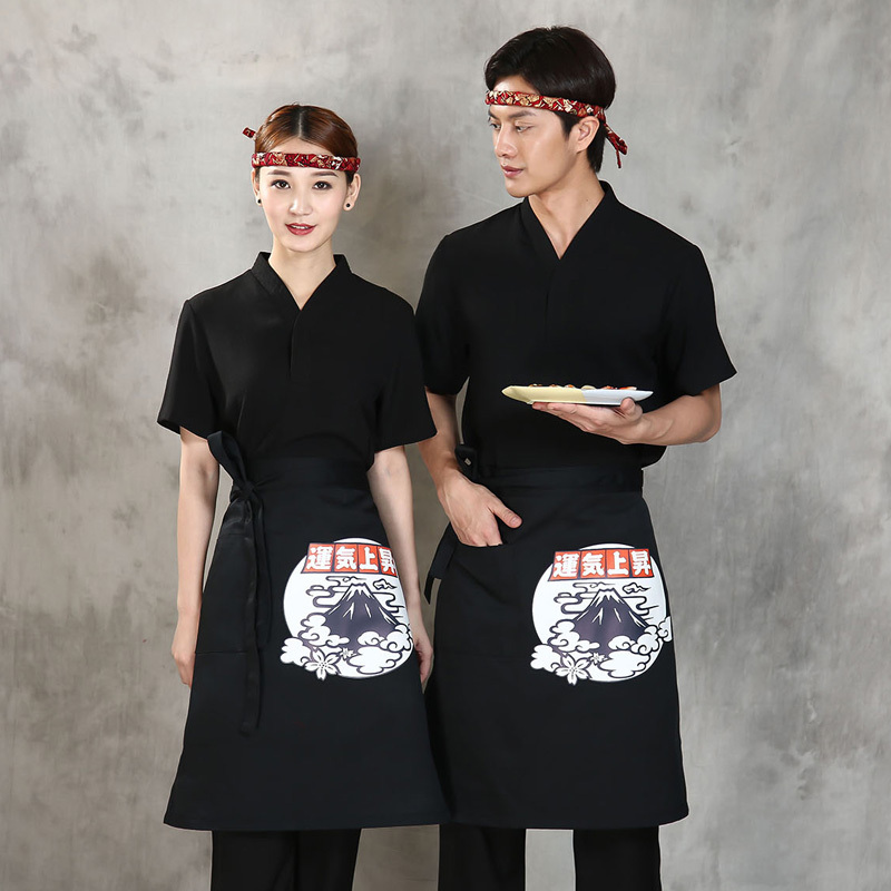 藏青·鱼旗一 M 日式料理店寿司店厨师服务员围裙和风印花百搭黑色藏青中长款围裙