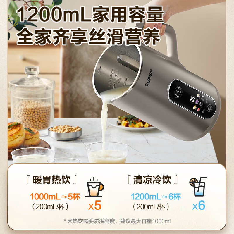 苏泊尔(SUPOR)家用豆浆机1.2L/升多功能全自动免滤破壁机彩屏304级不锈钢可预约料理机搅拌机DJ12B-P39E高清大图