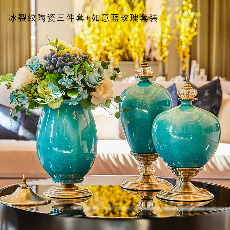 三维工匠欧式花瓶摆件客厅插花陶瓷样板房玄关柜美式餐桌电视柜家居装饰品 冰裂纹三件套[高矮摆件+花瓶]+如意蓝玫瑰花艺套餐高清大图